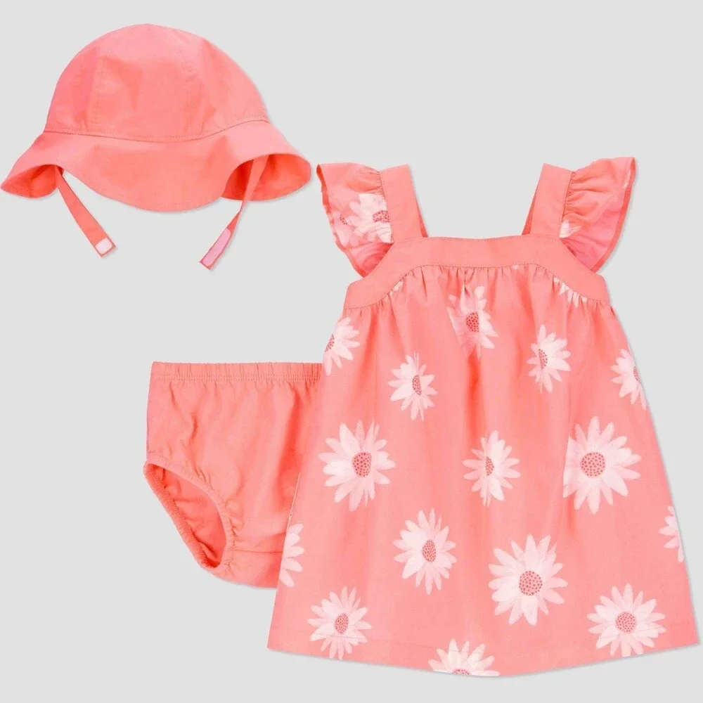 Carter's Baby Girls' Coral Floral Dress with Hat Set - White Newborn